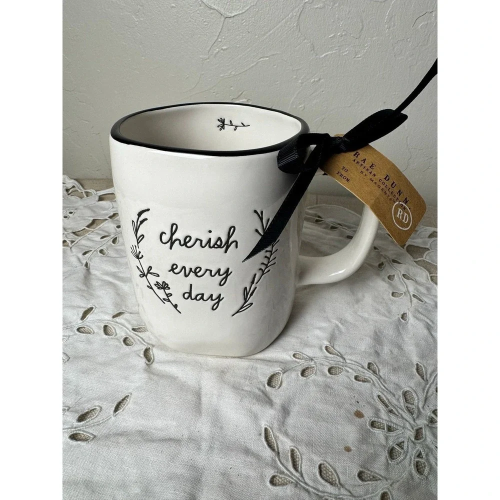 Rae Dunn CHERISH EVERY DAY mug white w/ black pinstripe & flowers